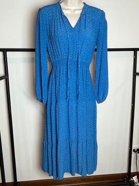 Reserved Polkadot V-Neck Smocked Midi Long Sleeve Cottagecore Dress